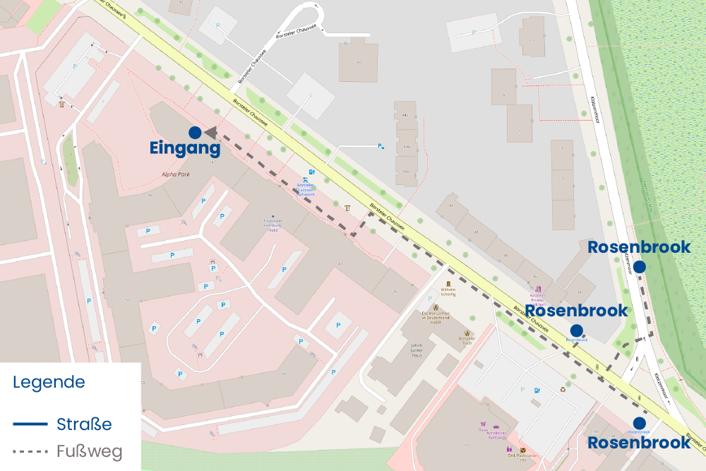 Eine Karte zeigt einen Ausschnitt der Gegend, wo sich die Technischen Orthopädie Hamburg befindet. Es sind Eingang und nahliegende Bushaltestellen eingezeichnet.