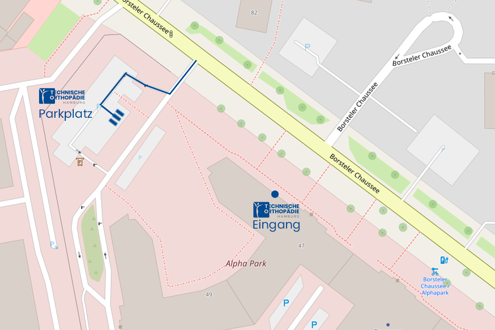 Eine Karte zeigt einen Ausschnitt der Gegend, wo sich die Technischen Orthopädie Hamburg befindet. Es sind Eingang und Parkplätze eingezeichnet.