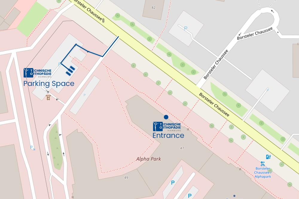 A Map that shows the parking space and the entrance of the Technische Orthopädie Hamburg.