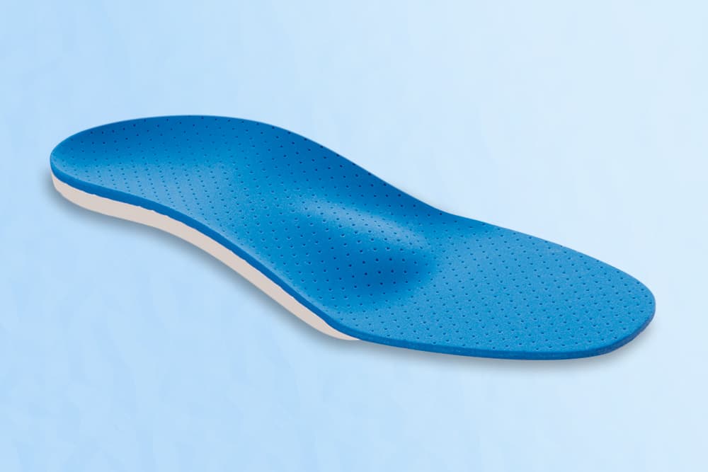 A white insole with blue breathable cover.